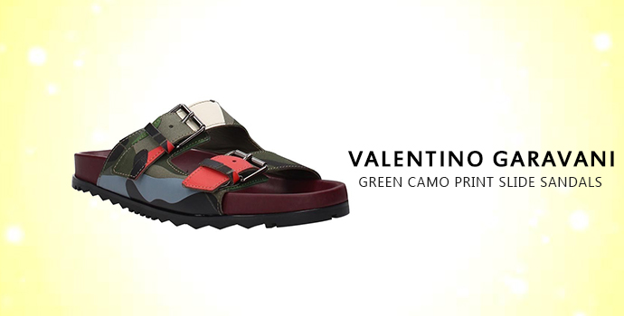 VALENTINO GARAVANI Green Camo Print Slide Sandals