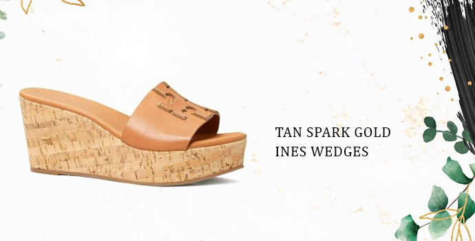 Tory Burch Tan Spark Gold Ines Wedges