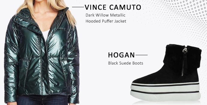 Vince Camuto metallic puffer jacket and Hogan suede boots