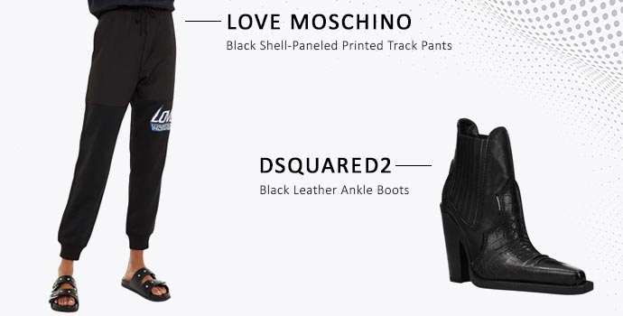 Love Moschino track pants and Dsquared2 leather boots