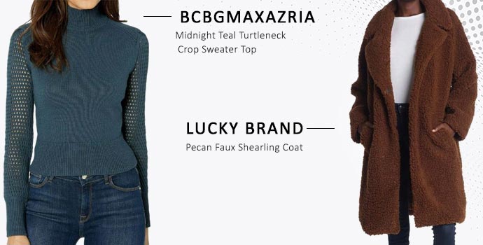 Lucky Brand faux shearling coat layered over BCBGMaxazria turtleneck sweater