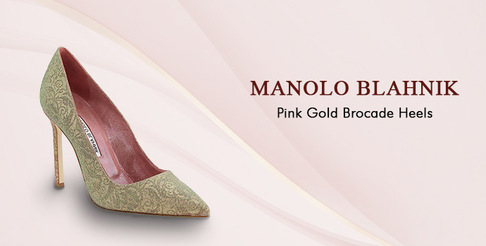Manolo Blahnik pink gold brocade heels
