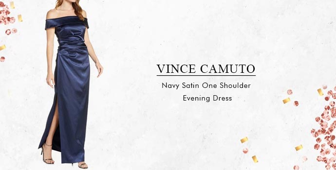 Vince Camuto Navy Satin One Shoulder Evening Dress