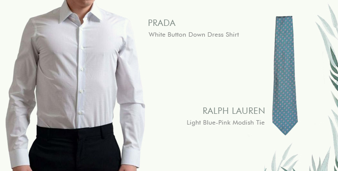 Prada
White Button Down Dress Shirt

Ralph Lauren
Light Blue-Pink Modish Tie