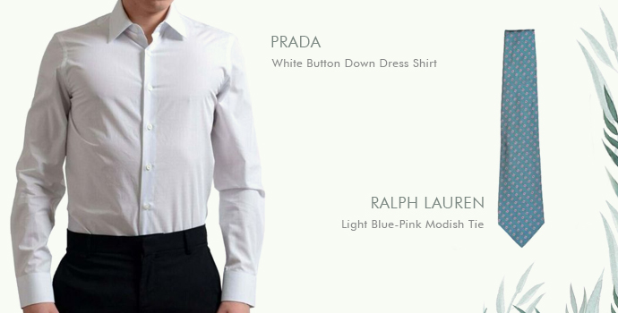 Prada White Button Down Klänning Skjorta Ralph Lauren Ljusblå-rosa Modish Tie