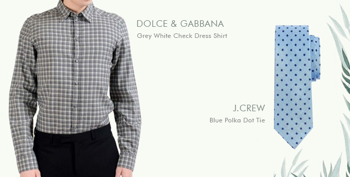 Dolce & Gabbana Grå Vit Rutig Klänning Skjorta J.Crew Blå Polka Dot Tie