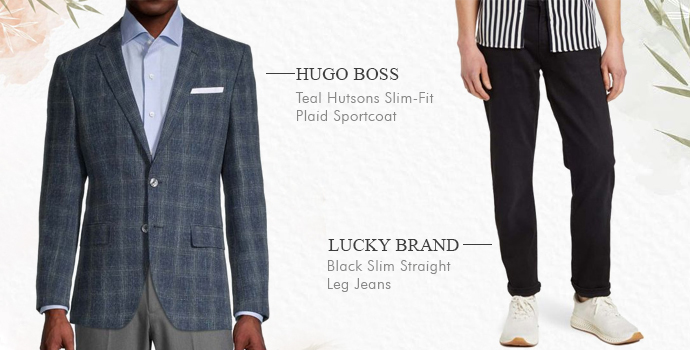 Hugo Boss
Teal Hutsons Slim-Fit Plaid Sportcoat

Lucky Brand
Black Slim Straight Leg Jeans