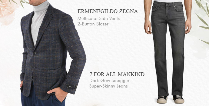 Ermenegildo Zegna
Multicolo Side Vents 2-Button Blazer

7 For All Mankind
Dark Grey Squiggle Super-Skinny Jeans
