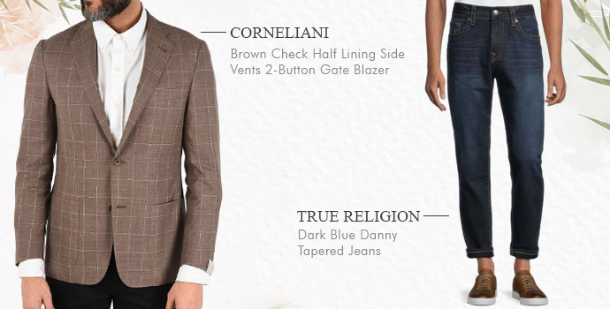 Corneliani
Brown Check Half Lining Side Vents 2-Button Gate Blazer

True Religion
Dark Blue Danny Tapered Jeans
