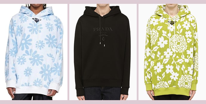 Prada black, yellow and self printed blue luxury hoodies