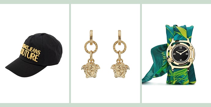 Top Luxury Accessories Brands Versace with Hats, Watches and Earrings