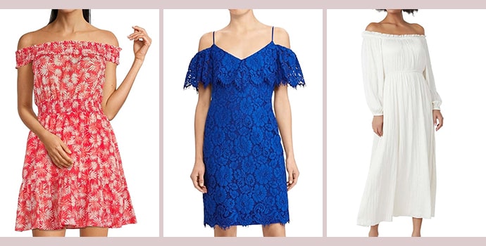 Off Shoulder Dress in Blue and White Color