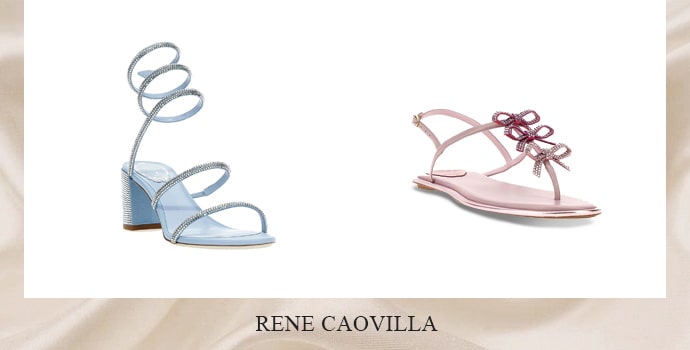 Rene Caovilla sky blue spiral heels and peach flat sandals