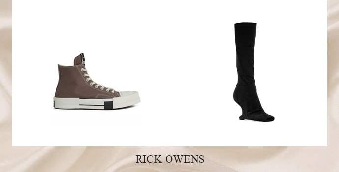 Rick Owens brown ankle sneaker and high knee black boot