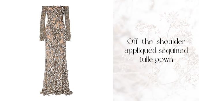 Off-the-shoulder appliquéd sequined tulle gown