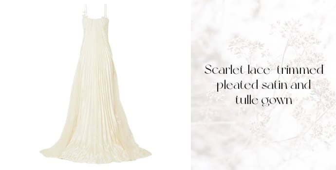 Scarlet lace-trimmed pleated satin and tulle gown