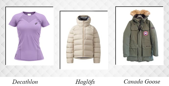 Collage of Decathlon, Canada Goose and Haglöfs