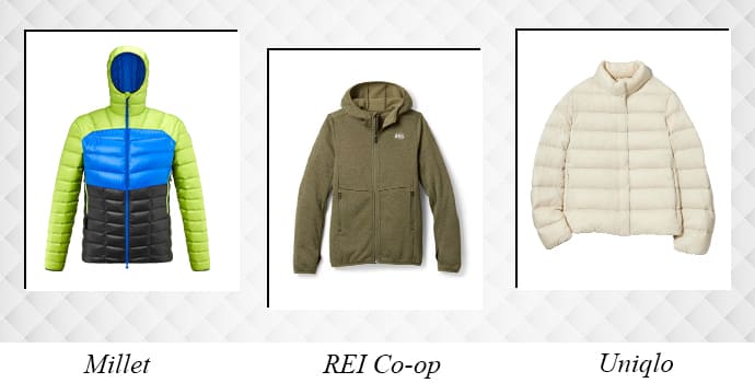 Collage of Millet, Uniqlo and REI Co-op