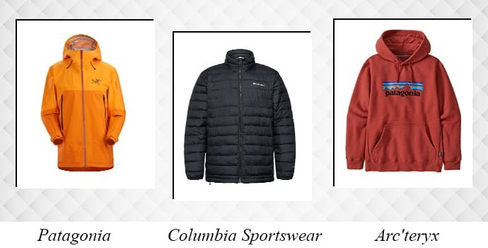 Collage of Patagonia, Columbia Sportswear and Arc'teryx