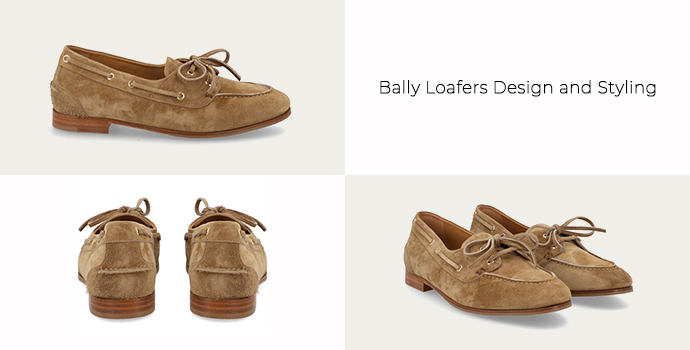 design statement style of bally where a cream color loafers are showcased with different angles 