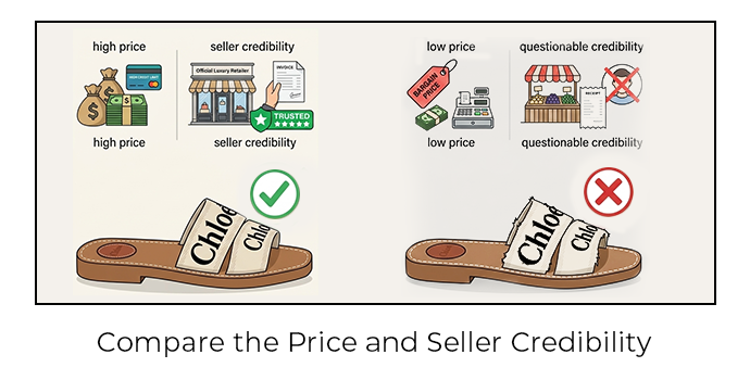 Chloé sandals authenticity comparison showing packaging, price, and seller credibility