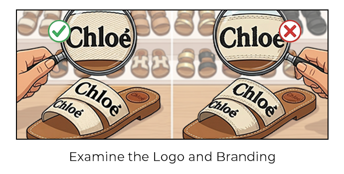 Real vs fake Chloé sandal logo comparison