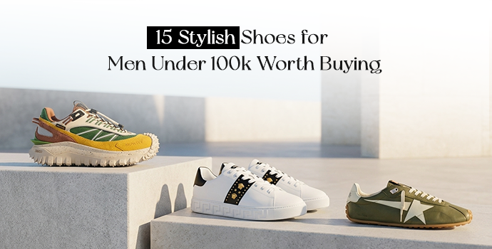 shoes for men under 100k banner with multiple luxury shoes showcased