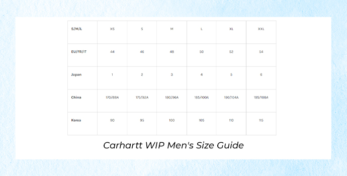 Carhartt WIP Size Guide 2026, Men size guide 
