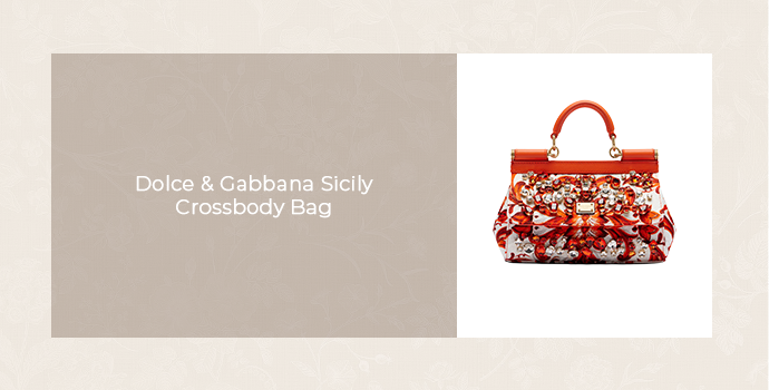 Dolce & Gabbana Sicily crossbody bag with a colorful floral print, featured in a luxury handbag product graphic.