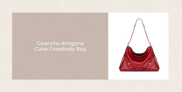 Givenchy Antigona Cube crossbody bag in red, featured in a luxury handbag product graphic.