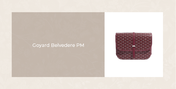 Goyard Belvedere PM crossbody bag in burgundy, featured in a luxury handbag product graphic.