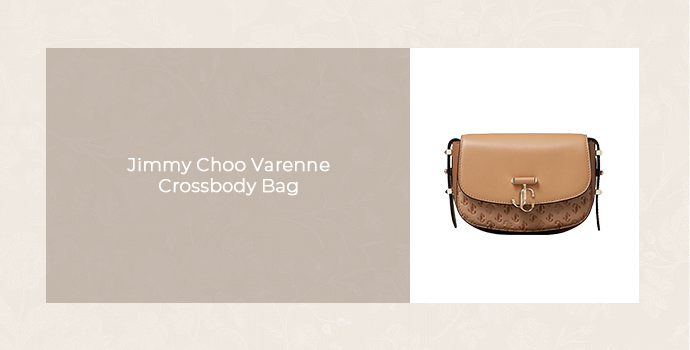 Jimmy Choo Varenne crossbody bag in tan with a monogram-patterned lower panel, featured in a luxury handbag product graphic.