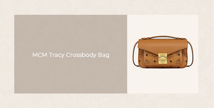 MCM Tracy crossbody bag in tan with signature monogram canvas and leather trim, featured in a luxury handbag product graphic.