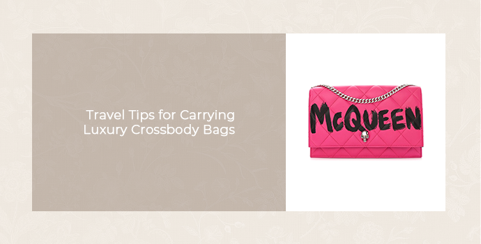 Pink Alexander McQueen luxury crossbody bag with a chain strap, featured in a graphic about travel tips for carrying luxury crossbody bags.