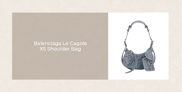 Balenciaga Le Cagole XS shoulder bag in blue denim, shown in a product feature graphic. 