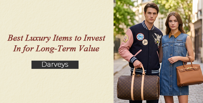 Best luxury items to invest in for long-term value, featuring a couple with designer bags and luggage