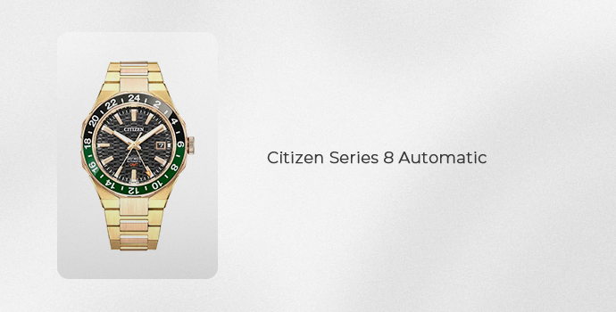 Citizen Series 8 Automatic watch with black dial, green bezel and gold-tone bracelet 20 Best Watches Under 100K in 2026