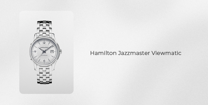 Hamilton Jazzmaster Viewmatic silver automatic watch with a white dial and stainless steel bracelet.