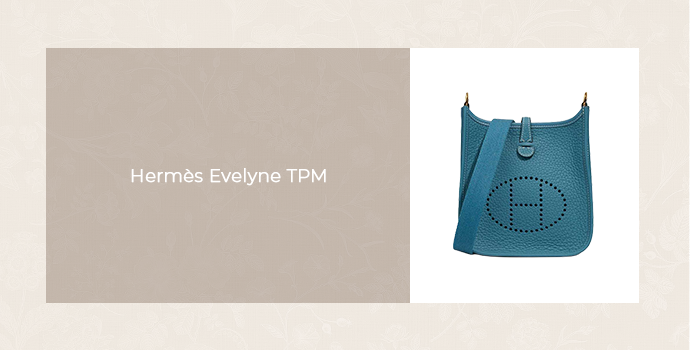 Hermès Evelyne TPM crossbody bag in blue, featured in a luxury handbag product graphic.