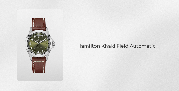 Hamilton Khaki Field Automatic watch with green dial and brown leather strap