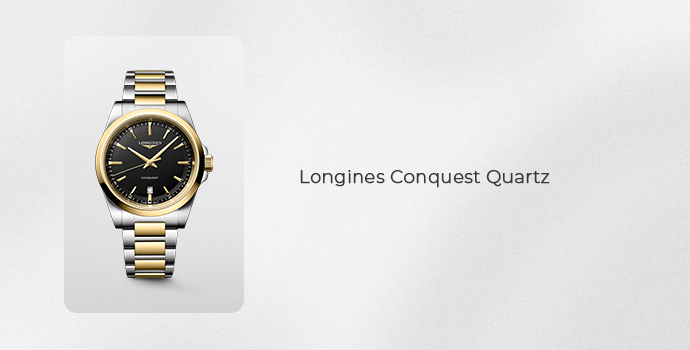 Longines Conquest Quartz watch with black dial and two-tone stainless steel bracelet