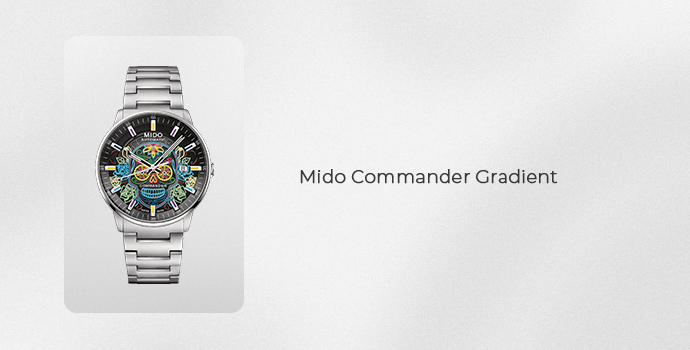 Mido Commander Gradient watch with a colorful dial and stainless steel bracelet
