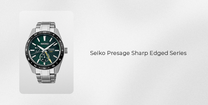 Seiko Presage Sharp Edged Series watch with green dial and stainless steel bracelet